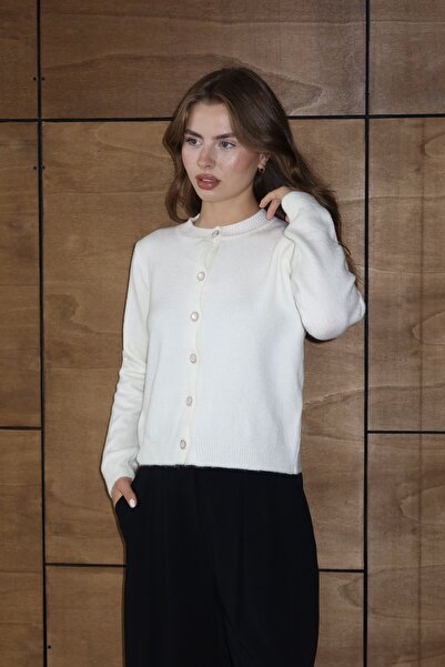 Noi Belis Pearl Button Detailed Soft Textured Crew Neck Knitwear Cardigan Aw25Hi0043