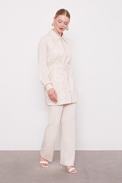 Levidor Bej Çiçek İşlemeli İkili Takım