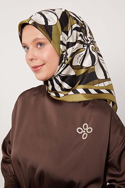 Levidor وشاح حريري بنمط زهرة الزنبق الأخضر الزيتي