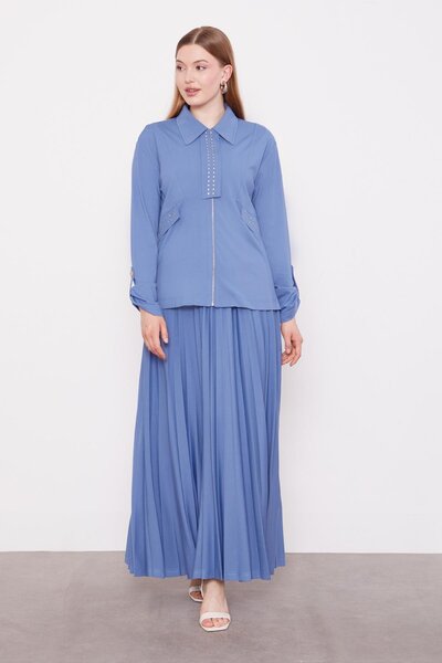 Levidor Indigo Stone Collar Detail Pleated Skirt Set