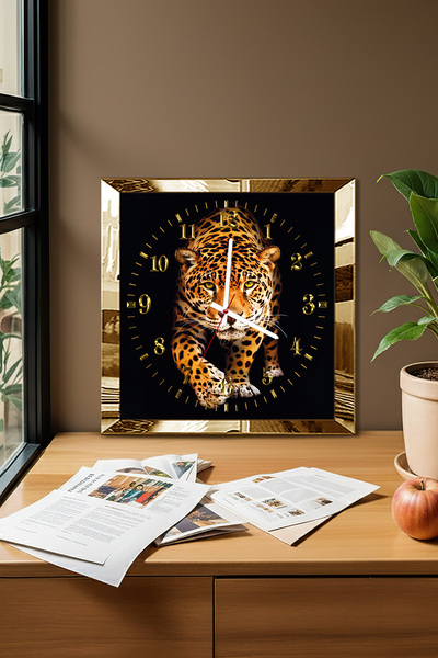Zevahir Mobilya Dekorasyon Gold Çerçeveli Leopar Temalı Dekoratif MDF Duvar Saati