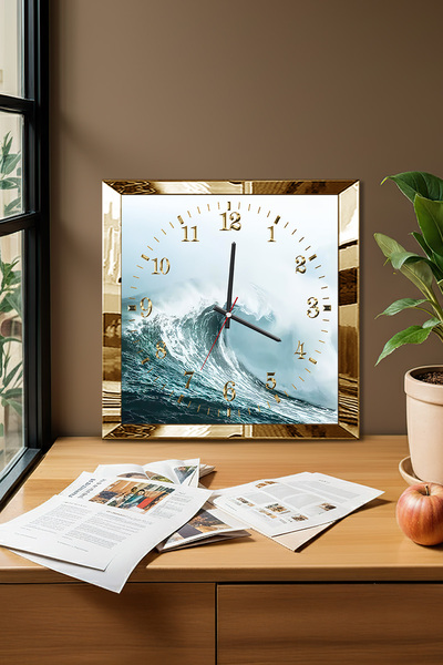 Zevahir Mobilya Dekorasyon Gold Framed Wave Themed Decorative Mdf Wall Clock