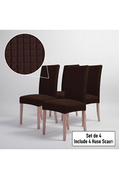 OEM Set de 4 huse decorative elastice pentru scaune, maro, cu model în carouri și relief – pentru scaune fără brațe