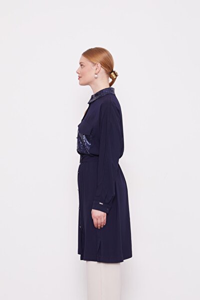 Levidor Navy Blue Tunic with Pocket and Collar Sequin Detail