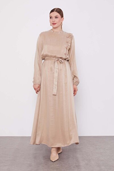 Levidor Cream Floral Stone Detailed Cupra Dress