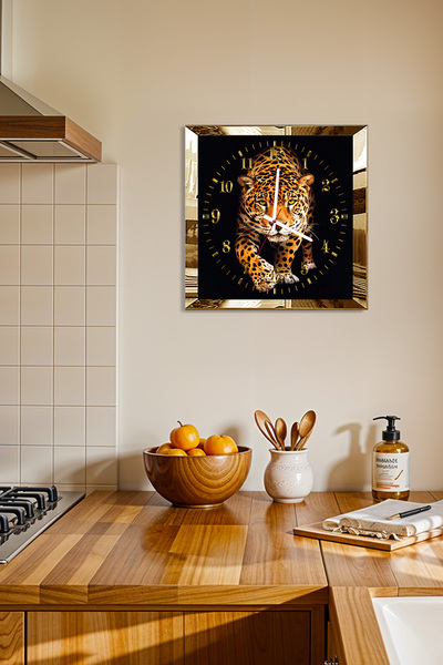Zevahir Mobilya Dekorasyon Gold Çerçeveli Leopar Temalı Dekoratif MDF Duvar Saati