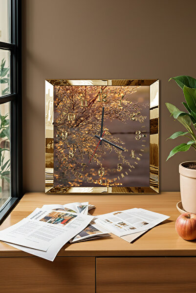 Zevahir Mobilya Dekorasyon ساعة حائط مزخرفة من MDF بإطار ذهبي تحمل طابع أواخر الربيع