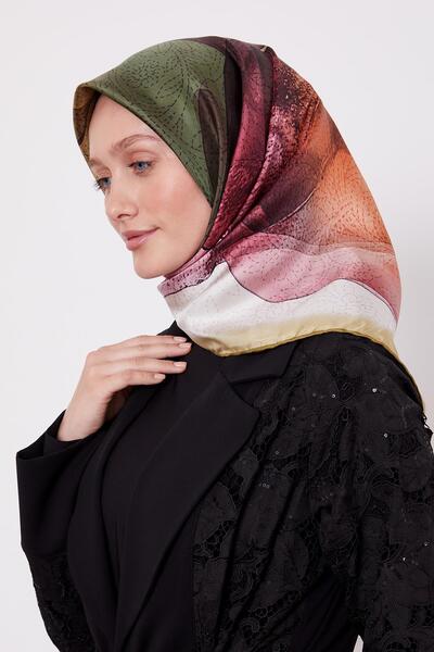 Levidor Oil Green Cut Flower Pattern Twill Silk Scarf