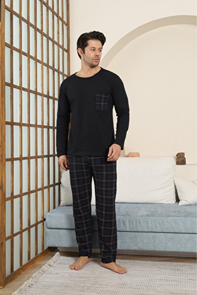 STELLAPİNK Erkek Penye Ekoseli Siyah Uzun Pijama Takımı