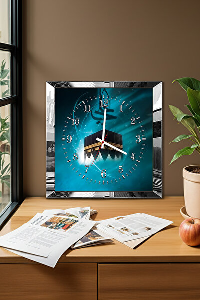 Zevahir Mobilya Dekorasyon ساعة حائط ديكورية من MDF بإطار فضي بتصميم الكعبة