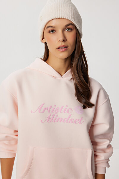 Lovelyİstanbul Πλεκτό φούτερ με κουκούλα με στάμπα LUB0259 CANDY PINK