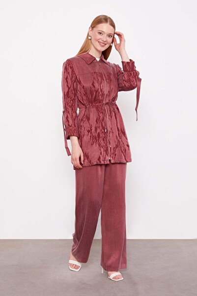 Levidor Burgundy Belted Sleeve Detailed Cupra Two-Piece Set