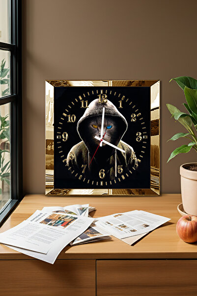 Zevahir Mobilya Dekorasyon Gold Framed Colorful Eyed Cat Themed Decorative Mdf Wall Clock