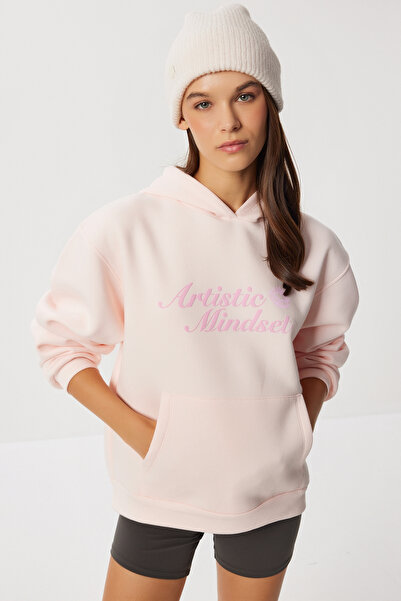 Lovelyİstanbul Πλεκτό φούτερ με κουκούλα με στάμπα LUB0259 CANDY PINK