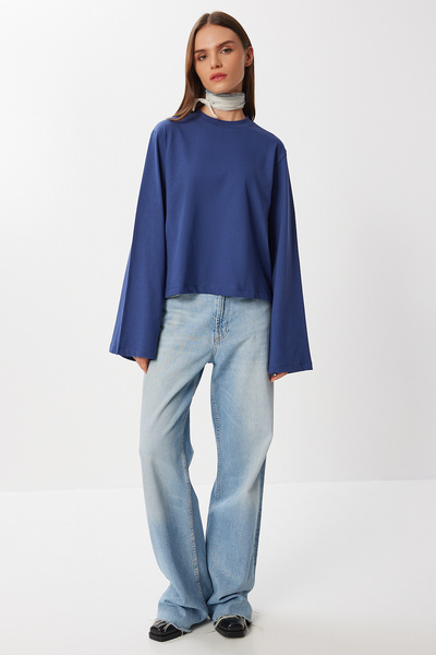 Lovelyİstanbul Βασική βαμβακερή πλεκτή μπλούζα με δύο κλωστές LFZ0016 ΣΚΟΥΡΟ ...