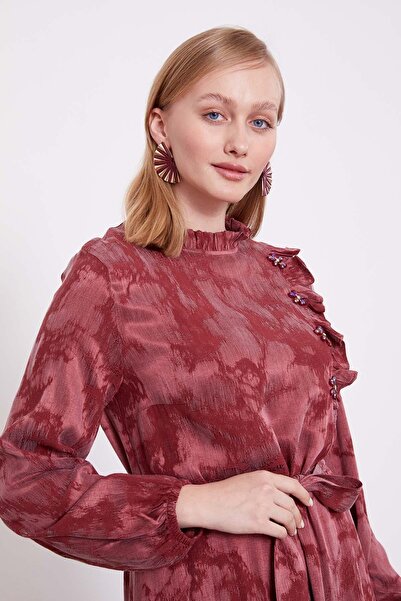 Levidor Bordo Fırfır Detaylı Cupra Elbise