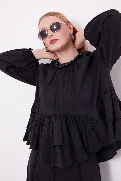 trender Black Stripe Lace Detail Skirt Suit