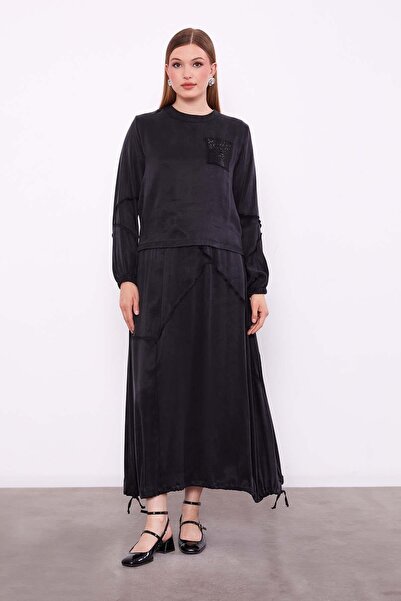 Levidor Black Asymmetrical Ruffle Detailed Cupra Skirt Set