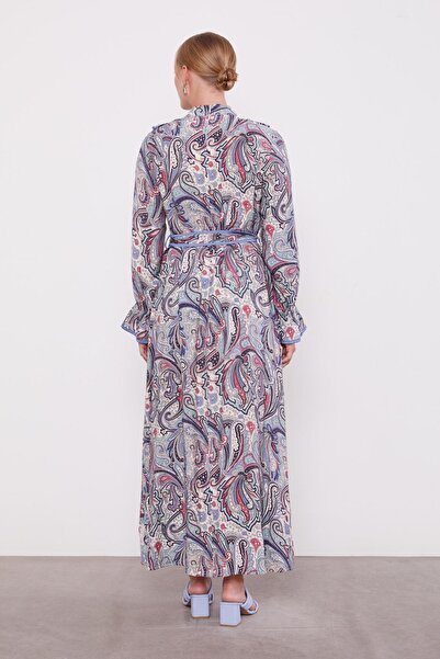 Levidor İndigo Fırfırlı Etnik Desen Elbise