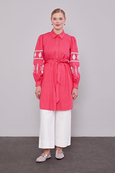 Levidor Fuşya Kolları Desenli Yırtmaç Detaylı Tunik