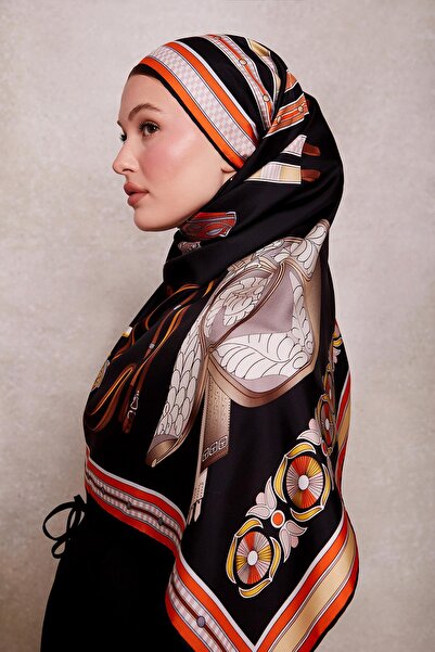 Levidor Siyah-Oranj Twill İpek Eşarp Lunera Koleksiyonu