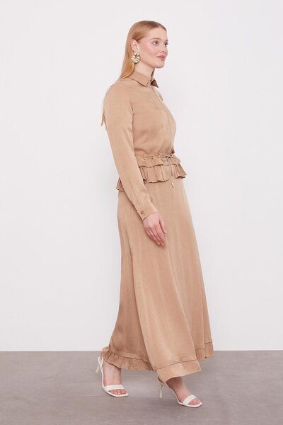 Levidor Camel Ruffle Detailed Cupra Skirt Set