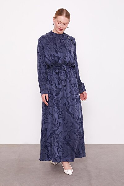 Levidor Lacivert Yakası Taş Detaylı Cupra Elbise