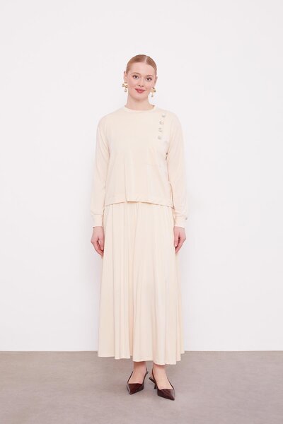 Levidor Bej Omuz Düğme Detaylı Etek Takım