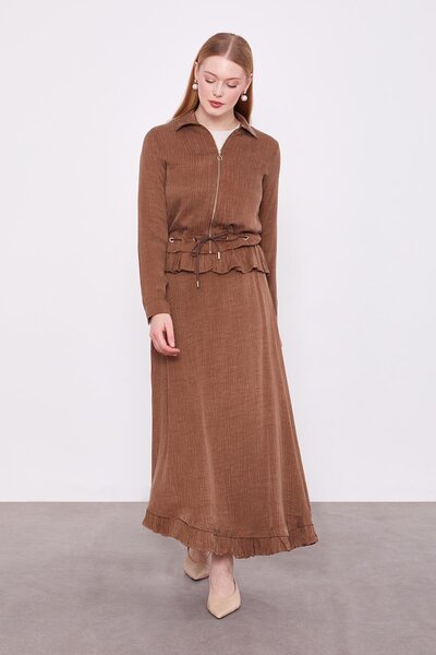 Levidor Brown Ruffle Detailed Cupra Skirt Set