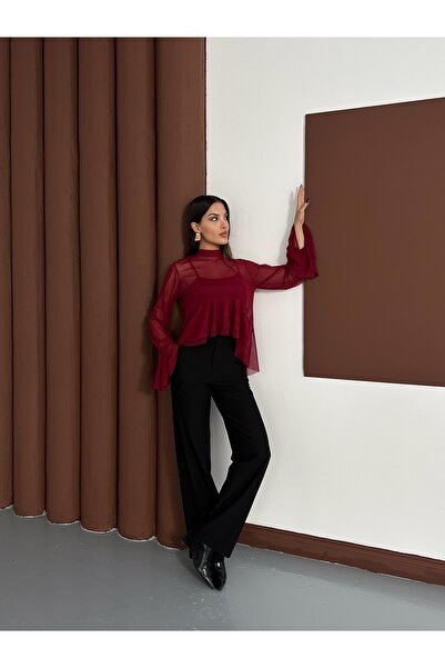 LE CARAMBOLE Women's Burgundy Tulle Blouse with Ruffle Detail and Scarf Collar