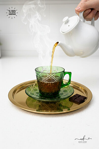 AKDEN STORE Kesme Dekor El İşçiliği 12 Parça Çay Fincanı,Double Kahve Fincanı Takımı