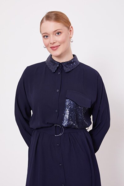 Levidor Navy Blue Tunic with Pocket and Collar Sequin Detail