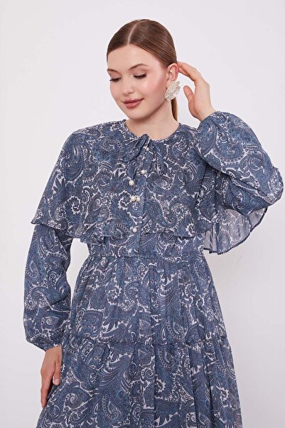 Levidor Turquoise Ethnic Patterned Chiffon Dress