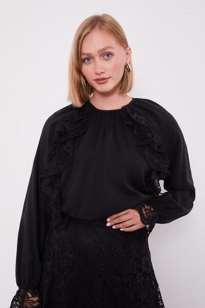 Levidor Siyah Omuz Fırfır Detaylı Cupra Etek Takım