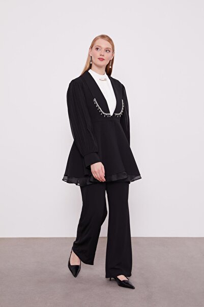 Levidor Siyah Şifon Kollu Taş Detay İkili Takım