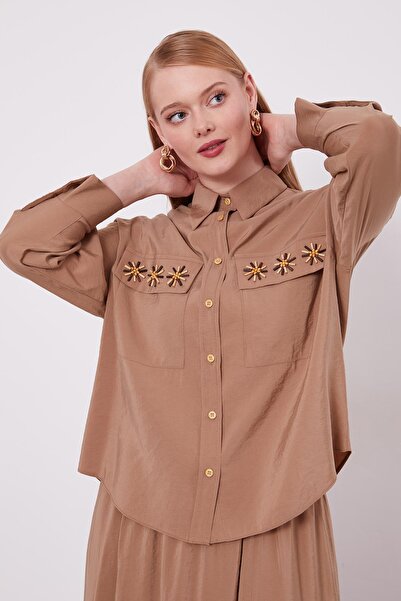 Levidor Camel Pocket Bead Daisy Detailed Skirt Set