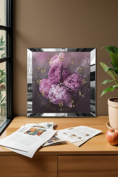 Zevahir Mobilya Dekorasyon Silver Framed Purple Flowers Themed Decorative Mdf Wall Clock