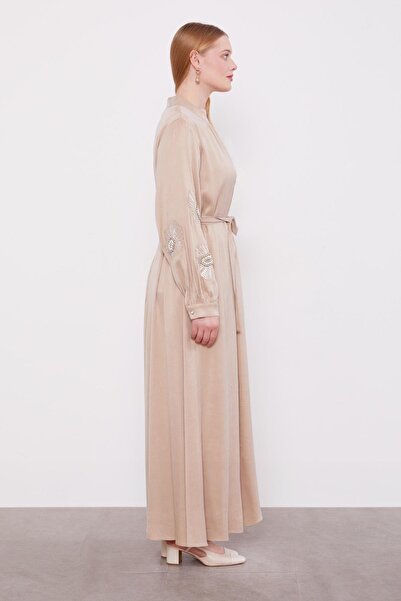 Levidor Beige Pearl Embroidery Detailed Cuıpra Dress