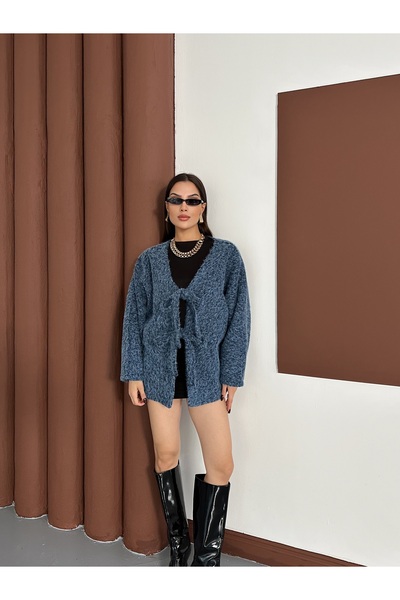 LE CARAMBOLE Жіночий синій пальто з бантиком і деталями з меланжевої тканини