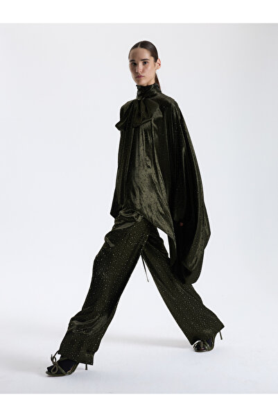 BAQA Khaki Stone Embroidered Draped Blouse