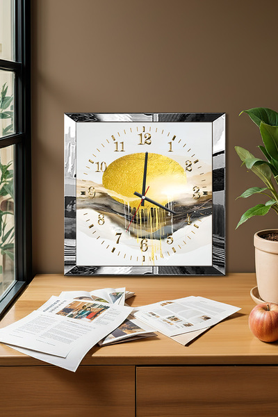 Zevahir Mobilya Dekorasyon Gold Horizon Themed Decorative Mdf Wall Clock with Silver Frame