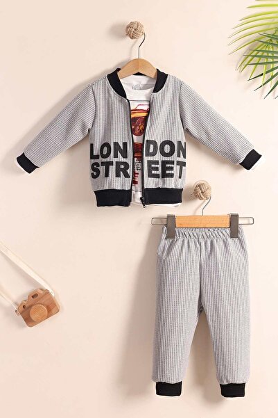 kidello Gray Zippered Cardigan Baby Boy 3-Piece Set (1-3 Years)