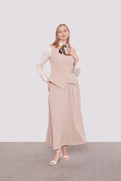 Levidor KOYU BEJ Yelekli Taş Detaylı Etek Takım