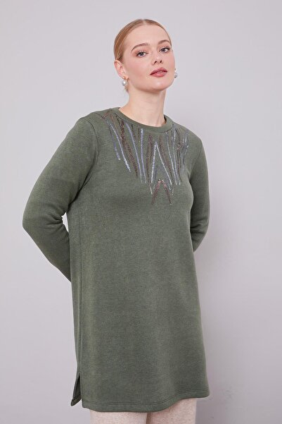 Levidor Khaki Collar Sequin Embroidered Tunic