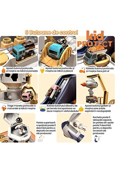 KidProtect Set Jucarie Interactiva Circuit Curse Space Track, Fara BPA, 6 Butoane, Masinute Incluse