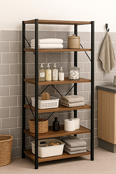 WANDOO خزانة حمام ذات 6 أرفف، خزانة متعددة الأغراض من المعدن والخشب، خزانة تنظيم للحمام والمطبخ