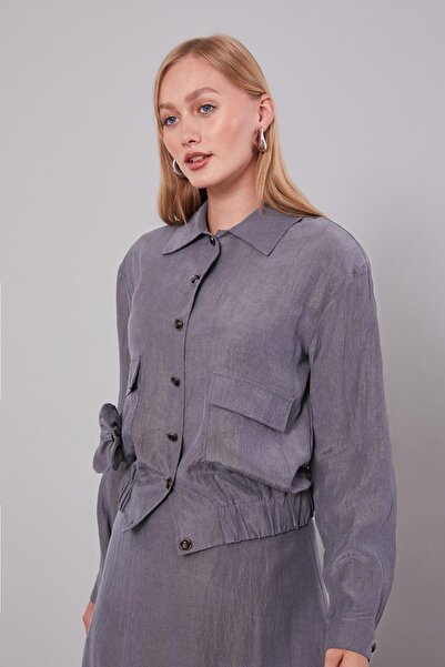 Levidor Gray Rose Detailed Cupra Skirt Suit