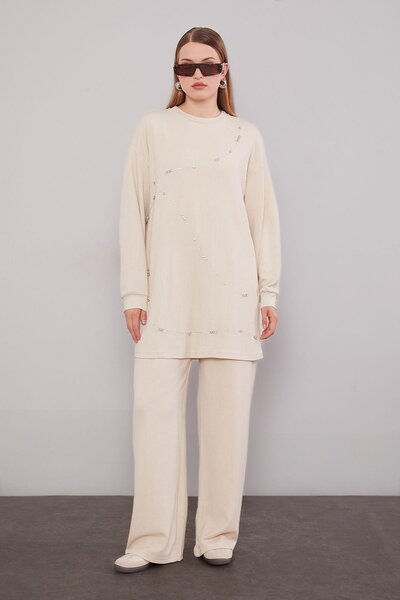 Levidor A.Beige Stripe Stone Detailed Double Suit