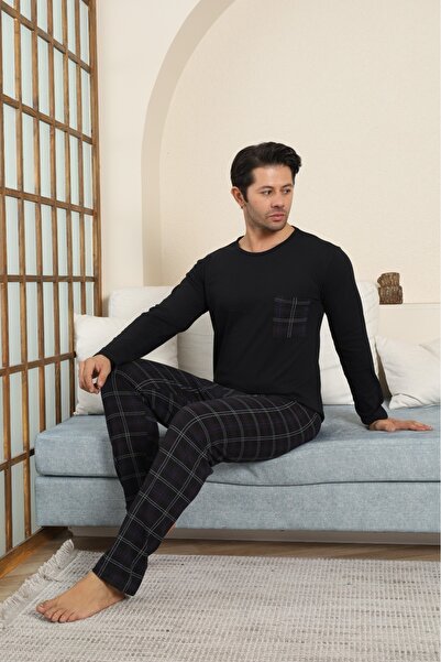 STELLAPİNK Erkek Penye Ekoseli Siyah Uzun Pijama Takımı