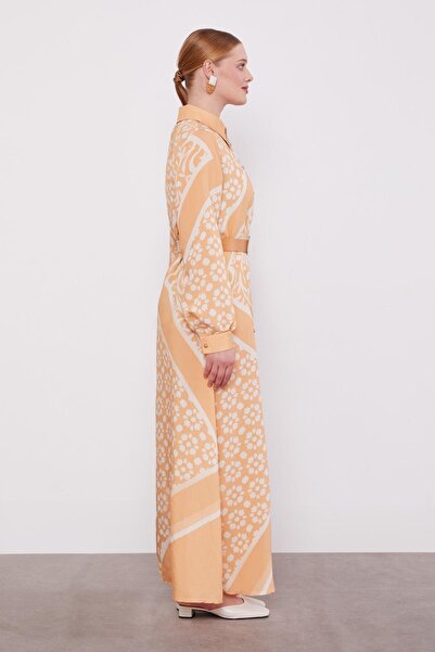 Levidor Safran Yakası Taş Detaylı Desenli Elbise